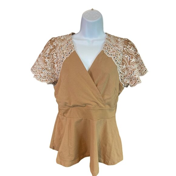 Boston Proper Peplum Wrap Top M Tan Lace-Trim V Neck Boho Chic Cottagecore - Picture 2 of 9
